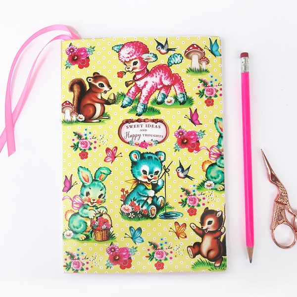 Kitschy Cute A5 notebook, Sweet animal journal, 80 paged notebook with bookmark, happiness notebook
