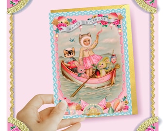 Tarjeta de cumpleaños "Barco de la Esperanza", estilo pop surrealista, de Fiona Hewitt.