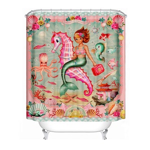 Mermaid Shower Curtain vintage mermaid sea creatures octopus shower curtain by Fiona Hewitt 180cm x180cm