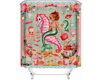 Vintage Mermaid Shower Curtain: Sea Creatures, Octopus - Fiona Hewitt