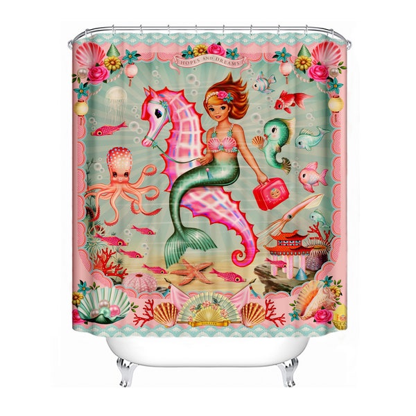 Mermaid Shower Curtain vintage mermaid sea creatures octopus shower curtain by Fiona Hewitt 180cm x180cm