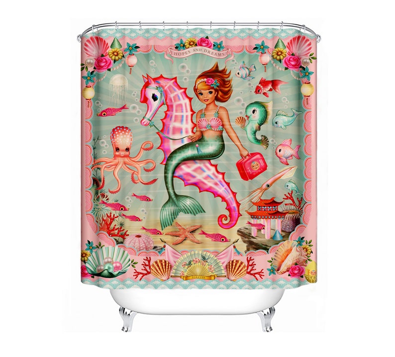 Mermaid Shower Curtain vintage mermaid sea creatures octopus Etsy