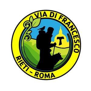 May include: Circular logo with a yellow border and the text "VIA DI FRANCESCO" in blue. The logo features a silhouette of a person with a dog, a bird, and a church. The text "RIETI - ROMA" is also included.