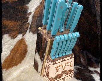 knife block leather laser engraved cowhide with brass tacks