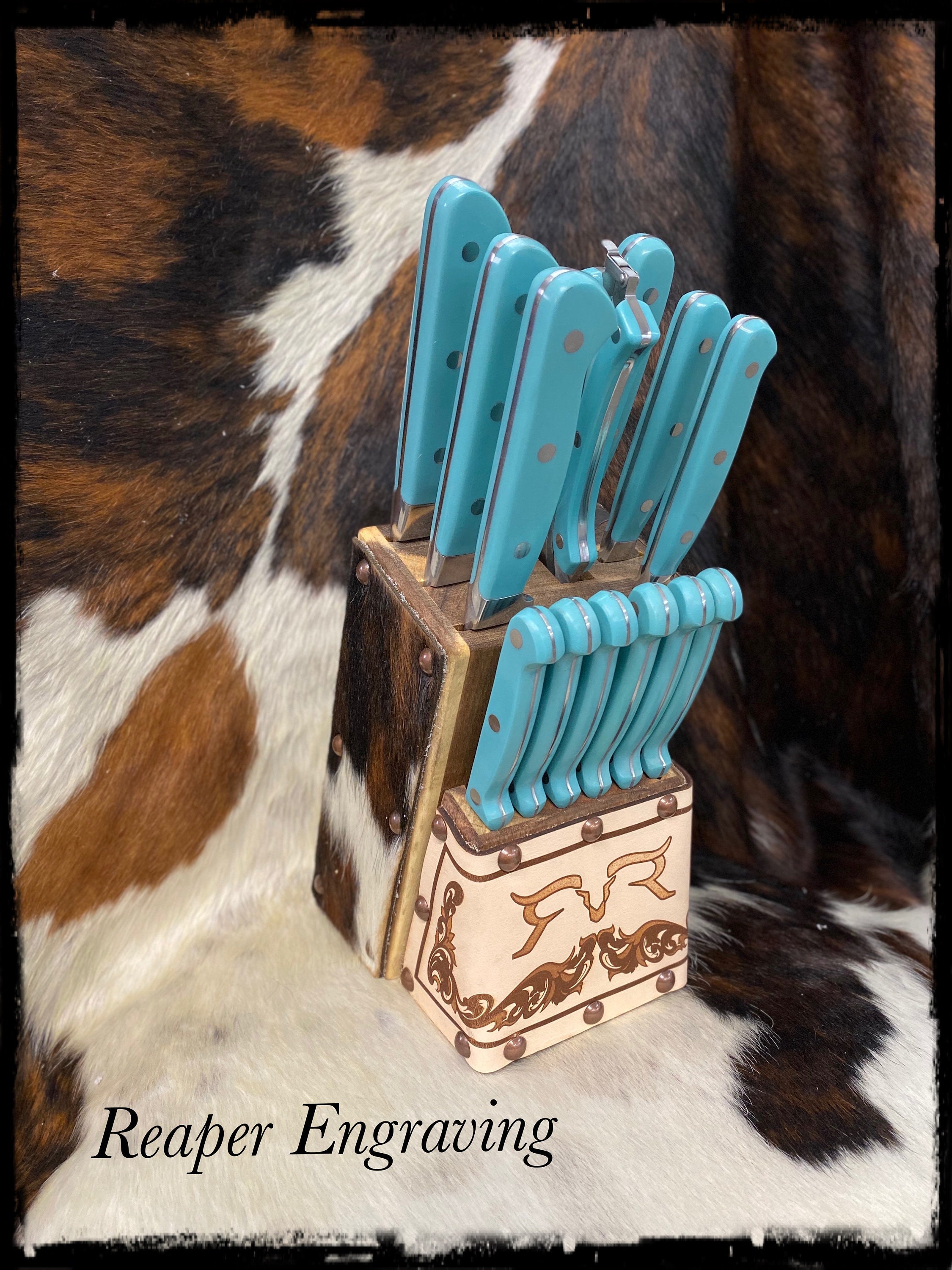 Knife Block Leather Laser Engraved Cowhide With Brass Tacks Etsy
