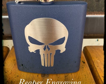 Punisher laser engraved flask