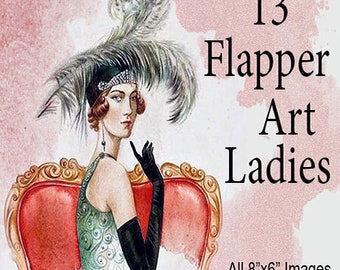 13 Vintage Flapper Art Women Ladies /8&quot; by 6&quot;/Printable Instant Digital Download/Tags: Retro Antique Art Noveau Deco Prints Girl Dancer