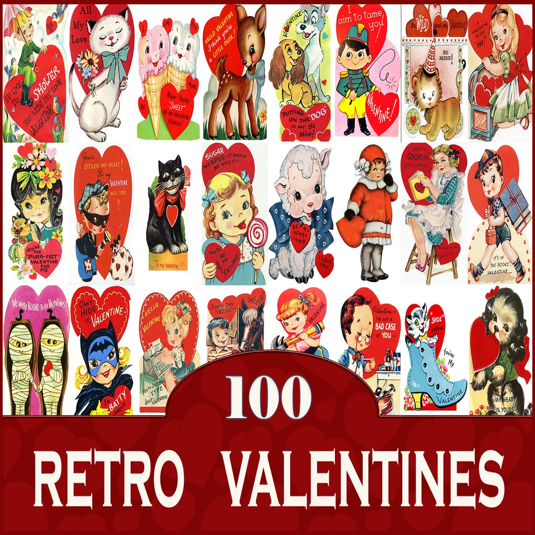 100 Retro Vintage Valentine Card Fronts/10 Long or Wide/instant DIGITAL  Download/clipart Clip Art Valentine's Day Cute Children's Kids 