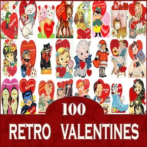 100 Retro Vintage Valentine Card Fronts/10&quot; Long or Wide/INSTANT DIGITAL DOWNLOAD/Clipart Clip Art Valentine&#39;s Day Cute Children&#39;s Kids