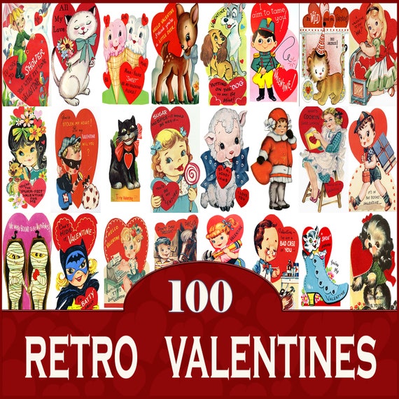 100 Retro Vintage Valentine Card Fronts/10 Long or Wide/instant