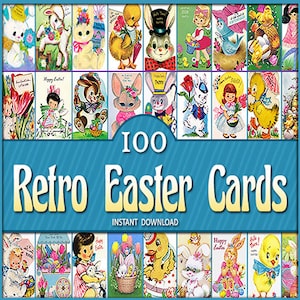 100 façades de cartes de Pâques rétro/vintage/chaque carte 10" de long ou de large/téléchargement numérique instantané/Clip Art/fleurs de poussin oeuf de lapin