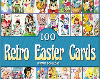 May include: A collage of 100 retro Easter cards featuring various illustrations of bunnies, chicks, lambs, and other Easter symbols. The cards are in a variety of colors and styles, and they are perfect for adding a touch of vintage charm to your Easter celebrations. 100 Retro Easter Cards Instant Download