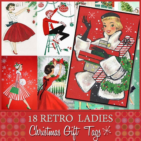 18 Retro Woman Christmas Gift Tags/ATC ACEO size/Printable Instant Digital Download/Tags: Vintage Girl Card Wrap Present tree graphic art