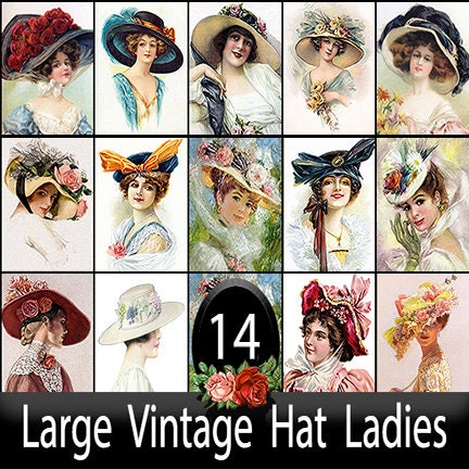 Vintage Women Ladies Girls in Hats Paintings Pictures Print Art Clipart Flowers Victorian Antique Retro DIGITAL DOWNLOAD 4"x6" 300 DPI