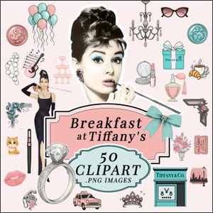 May include: A collection of 50 clipart images with a pink and teal color scheme. The images include Audrey Hepburn, a Tiffany & Co. store, a ring, a taxi, and the text "Breakfast at Tiffany's".