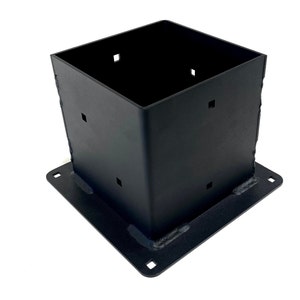May include: Black metal post base with a square top and a rectangular base. The base has several holes for attaching to a post.