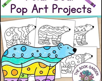 May include: A collection of polar bear pop art projects. The image features a colorful, completed polar bear illustration with blue, green, yellow, orange, and purple accents. Several black and white polar bear outlines are also visible, along with the text "Polar Bear Pop Art Projects".