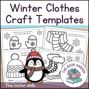 Peut inclure: Modèles de bricolage de vêtements d'hiver en noir et blanc, comprenant des mitaines, une écharpe, un chapeau et des bottes. Un dessin animé de pingouin portant un chapeau et une écharpe est inclus. Le texte "Winter Clothes Craft Templates" est en haut.