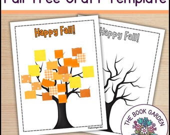 May include: Two white paper templates for a fall tree craft. One is complete with colorful square leaves, the other is a black and white outline. Text reads "Happy Fall!" and "Fall Tree Craft Template". The bottom text reads "fine motor skills".