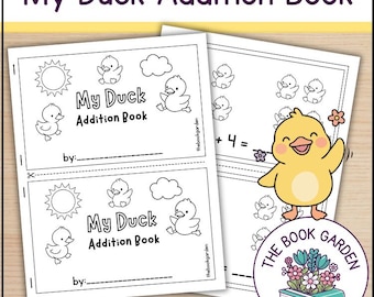 Puede incluir: Un libro de actividades para niños titulado "My Duck Addition Book". La portada presenta un sol, nubes y patitos de dibujos animados. En el interior, hay problemas de suma con ilustraciones de patitos. El libro está diseñado para el aprendizaje temprano de las matemáticas.