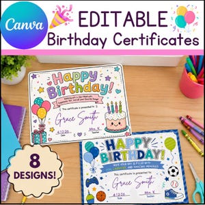 May include: Two rectangular birthday certificates featuring colorful illustrations of balloons, cakes, and sports equipment. The text reads Happy Birthday, Grace Smith, 4-12-26, and Mrs. K. The designs include playful graphics like a soccer ball and game controller.