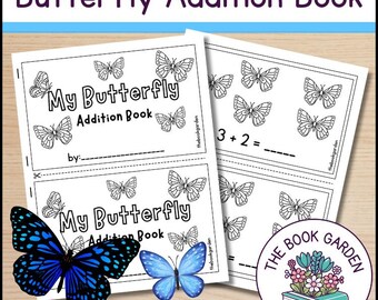 Puede incluir: Un libro imprimible en blanco y negro con el título "Mi libro de suma de mariposas" y el texto "suma dentro de 10". El libro presenta mariposas y problemas de suma.