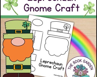 May include: A printable craft template for making a leprechaun gnome. The template includes a hat, beard, and body. The template is black and white and can be colored in. The text "Leprechaun Gnome Craft" is included on the template.