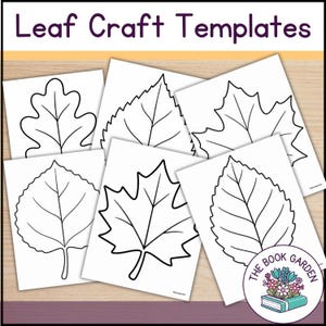 Könnte beinhalten: Eine Sammlung weißer Papierbögen mit schwarzen Umrisszeichnungen verschiedener Blattformen. Oben im Bild steht der Text Leaf Craft Templates in Dunkelviolett. Ein kreisförmiges Logo in der unteren rechten Ecke zeigt The Book Garden.
