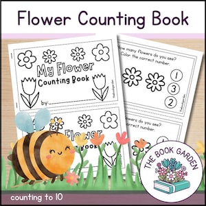 May include: Black and white printable flower counting book for kids. The book features a bee with a flower and the text "My Flower Counting Book".