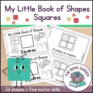 May include: A children's book titled "My Little Book of Shapes Squares" with illustrations of squares, windows, dice, and tables. The book is designed to teach 2D shapes and fine motor skills.