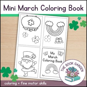 May include: A black and white colouring book with a cover that says "My March Colouring Book". The book has four pages with images of a pot of gold, a rainbow, a leprechaun, and a butterfly. The book is designed for children to colour.