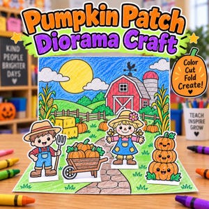 Peut inclure: Un kit de bricolage diorama Pumpkin Patch présentant un dessin coloré d'une scène de ferme avec une grange rouge, du maïs et un soleil. L'ensemble comprend des découpages en papier d'un fermier, d'un épouvantail, d'une brouette et de citrouilles.