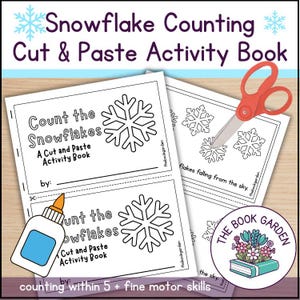 May include: A white activity book titled "Snowflake Counting Cut & Paste Activity Book" with the text "Count the Snowflakes". Includes a glue bottle and orange handled scissors. The book has snowflake illustrations and the text "counting within 5 + fine motor skills".