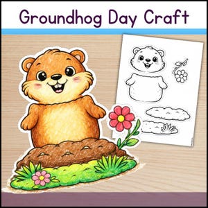 Peut inclure: Un ensemble d'artisanat pour le Jour de la Marmotte avec un marmotte souriant sortant d'un terrier, avec une fleur rouge et rose. Comprend un contour noir et blanc de la marmotte et d'autres éléments à colorier. Le texte "Groundhog Day Craft" est en haut.