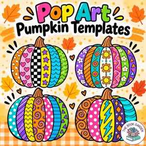 Può includere: Un grafico digitale intitolato Pop Art Pumpkin Templates che mostra quattro zucche decorate con vivaci motivi multicolori, inclusi cuori, stelle, fiori, pois e zigzag, circondate da foglie autunnali arancioni su uno sfondo chiaro.