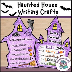 May include: Two purple paper haunted house cutouts featuring the text Haunted House Writing Crafts and In the Haunted House. The houses include hand-drawn illustrations of spiders, bats, candy corn, cupcakes, and musical notes with handwritten text.
