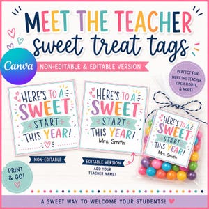 May include: A set of printable gift tags featuring the text "HERE'S TO A SWEET START THIS YEAR!" in colorful lettering. The design includes hearts and decorative elements. One tag is shown attached to a clear plastic bag filled with colorful candies.