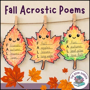 Puede incluir: Tres recortes de papel con forma de hoja con caras dibujadas a mano y poemas acrósticos colgados de una cuerda con pinzas de madera. El texto "Fall Acrostic Poems" está en la parte superior y las hojas muestran palabras que empiezan por F, A, L, L.