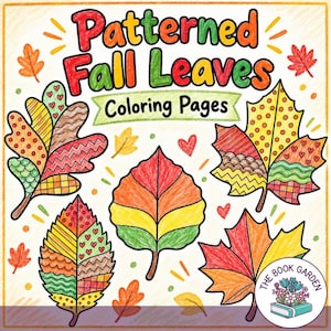 May include: A digital illustration titled Patterned Fall Leaves Coloring Pages featuring five distinct autumn leaves with various geometric patterns, hearts, and wavy lines in red, orange, yellow, and green, with a small logo in the corner.