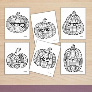 May include: Six white rectangular coloring pages featuring black line art of pumpkins with various geometric patterns. Each pumpkin contains a name in bold capital letters: Connor, Carolyn, Anna, Elsa, Liam, and Charlotte. The designs are black and white.