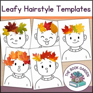 Puede incluir: Cinco plantillas de papel blanco tituladas Leafy Hairstyle Templates, cada una con un dibujo lineal en blanco y negro de la cabeza y hombros de un niño con diversas expresiones faciales, adornado con hojas de otoño coloridas.