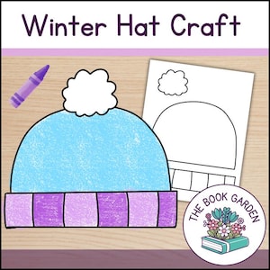 Könnte beinhalten: Illustration eines hellblauen Winterhuts mit lila-weiß gestreiftem Rand, einem weißen Bommel und einem lila Buntstift. Der Text "Winter Hat Craft" steht oben. Rechts befindet sich eine schwarz-weiße Hutvorlage.