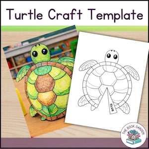 May include: Two turtle craft templates. One is a completed, colorful turtle drawing with green, yellow, and brown hues. The other is a black and white outline of a turtle with a "GLUE" label. The text "Turtle Craft Template" is at the top.