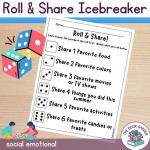 Può includere: Un gioco rompeghiaccio colorato intitolato "Roll & Share Icebreaker" con dadi e un elenco di domande. Il gioco incoraggia a condividere cibi, colori, film, attività estive e caramelle preferite. Il testo "social emotional" è in basso.