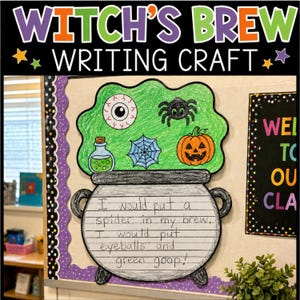 May include: A paper craft titled Witch's Brew Writing Craft featuring a black cauldron with lined paper for writing. The green steam above contains a hand-drawn eyeball, spider, blue web, and orange pumpkin. The text reads: I would put a spider in my brew. I would put eyeballs and green goop!