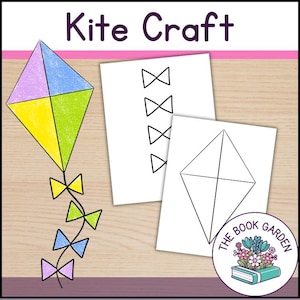 Puede incluir: Ilustración de un proyecto de manualidades de cometas con el texto "Kite Craft". La cometa está dividida en secciones azules, moradas, amarillas y verdes. Dos hojas de papel muestran diseños de cometas y formas de lazo. Un logotipo circular está en la esquina inferior derecha.