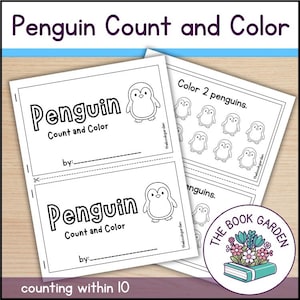 Op de afbeelding: Twee open Penguin Count and Color werkboeken. De omslag leest "Penguin Count and Color" met een pinguïn illustratie. De pagina's binnenin bevatten pinguïn tel oefeningen en de tekst "Color 2 penguins." Het boek is ontworpen voor tellen tot 10.