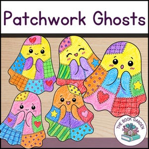Könnte beinhalten: Fünf handgezeichnete Illustrationen von Geistern mit Patchwork-Mustern, die jeweils einzigartige Formen wie Herzen und Sterne aufweisen. Der Text Patchwork Ghosts steht oben und ein kreisförmiges Logo von The Book Garden ist unten rechts.