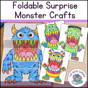 May include: Foldable surprise monster crafts featuring hand-drawn illustrations of colorful creatures with large mouths, sharp teeth, and horns. The text Foldable Surprise Monster Crafts appears at the top, and a circular logo for The Book Garden is visible.