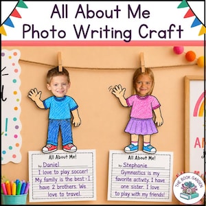 May include: An All About Me Photo Writing Craft project featuring two paper cutouts of children with photographic faces. Each cutout is clipped to a twine string and displays a handwritten All About Me worksheet below, detailing personal interests and family facts.